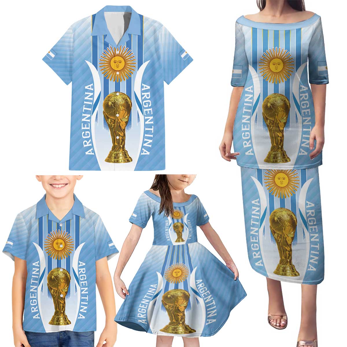 Custom Argentina Football Family Matching Puletasi and Hawaiian Shirt The Trophy Vamos La Albiceleste - Wonder Print Shop