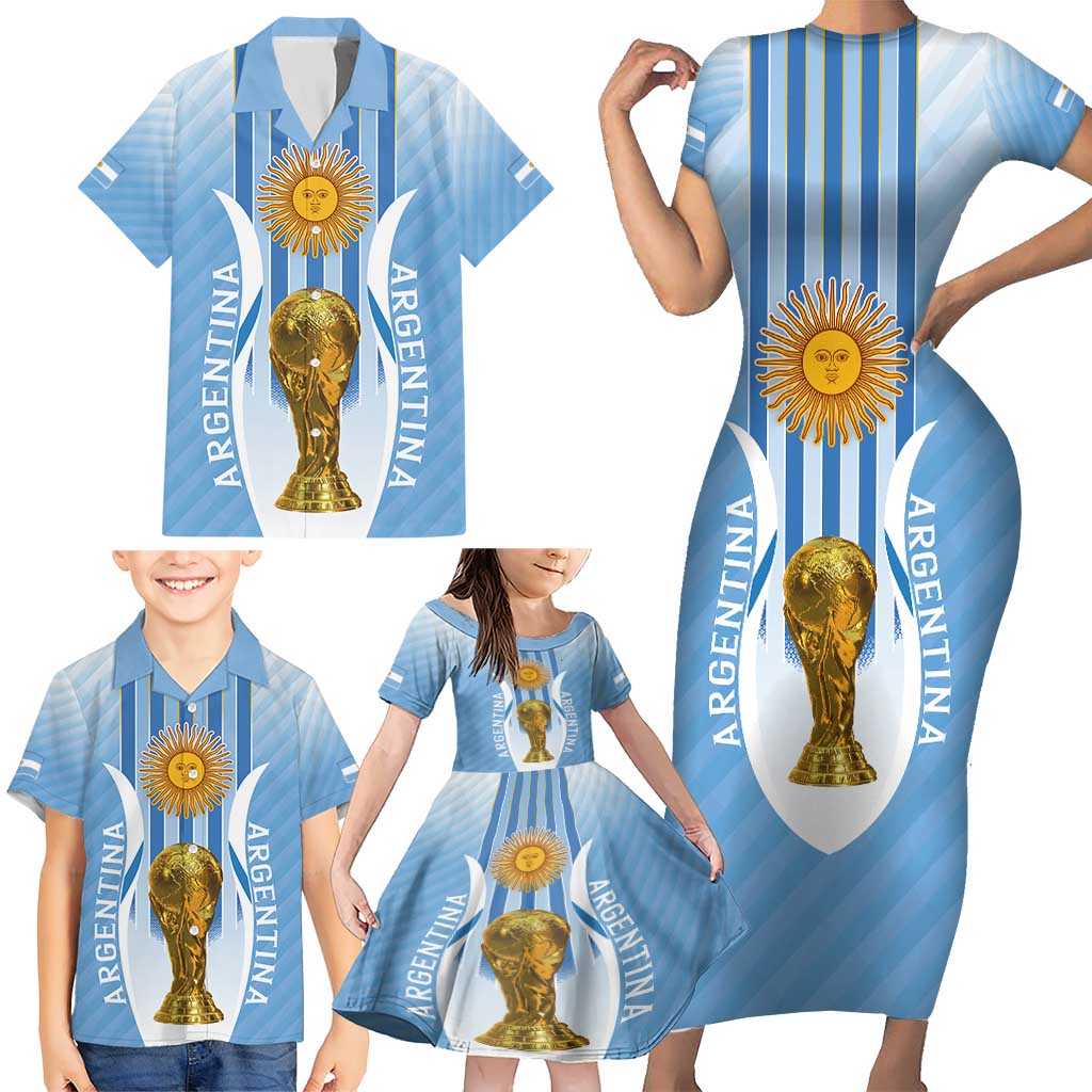Custom Argentina Football Family Matching Short Sleeve Bodycon Dress and Hawaiian Shirt The Trophy Vamos La Albiceleste - Wonder Print Shop