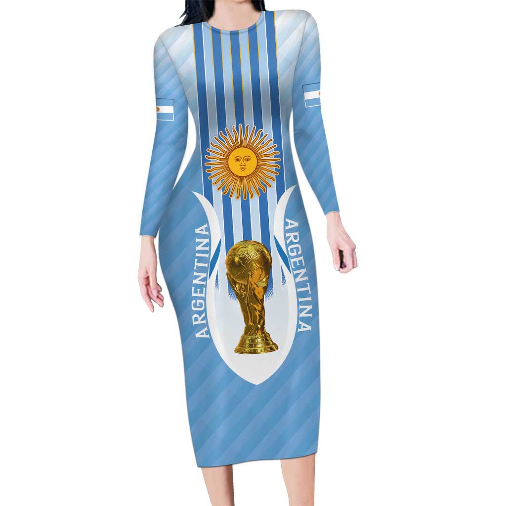 Custom Argentina Football Long Sleeve Bodycon Dress The Trophy Vamos La Albiceleste - Wonder Print Shop