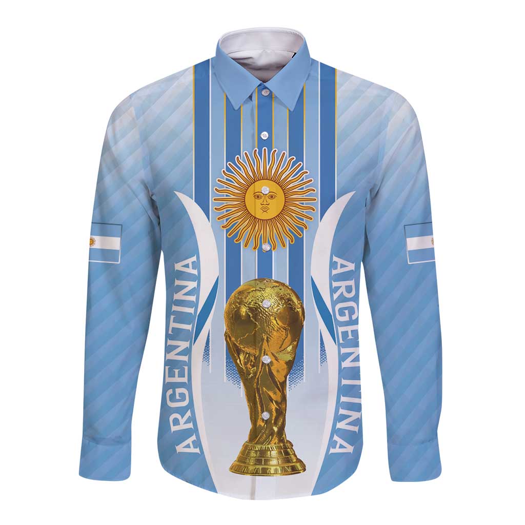 Custom Argentina Football Long Sleeve Button Shirt The Trophy Vamos La Albiceleste - Wonder Print Shop