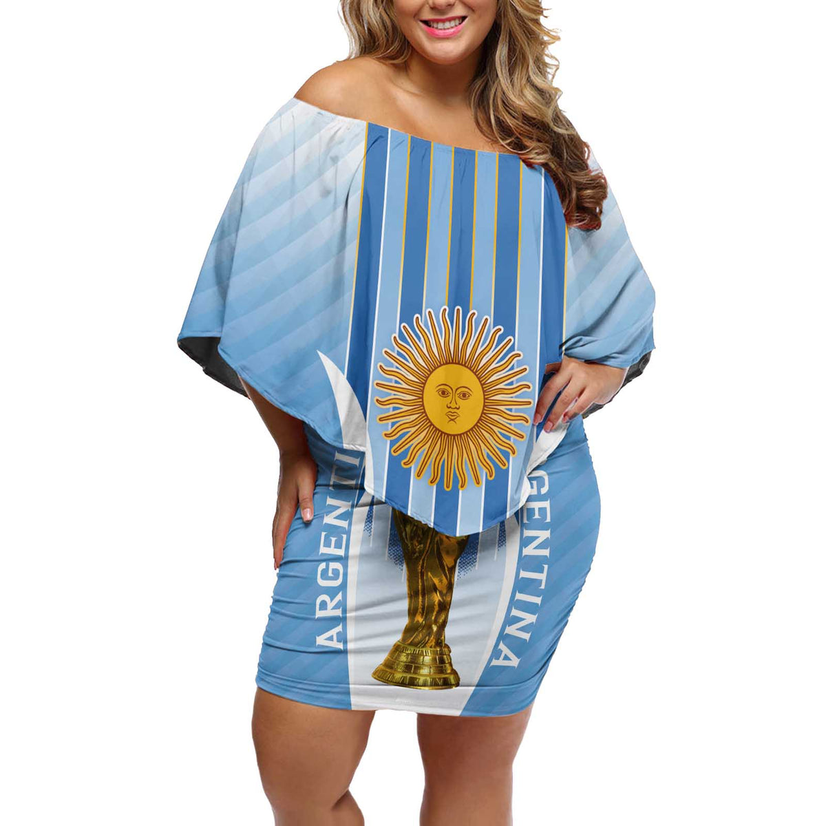 Custom Argentina Football Off Shoulder Short Dress The Trophy Vamos La Albiceleste - Wonder Print Shop