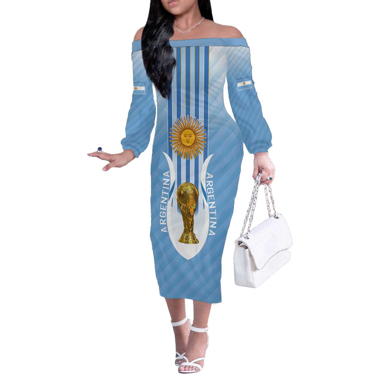 Custom Argentina Football Off The Shoulder Long Sleeve Dress The Trophy Vamos La Albiceleste - Wonder Print Shop