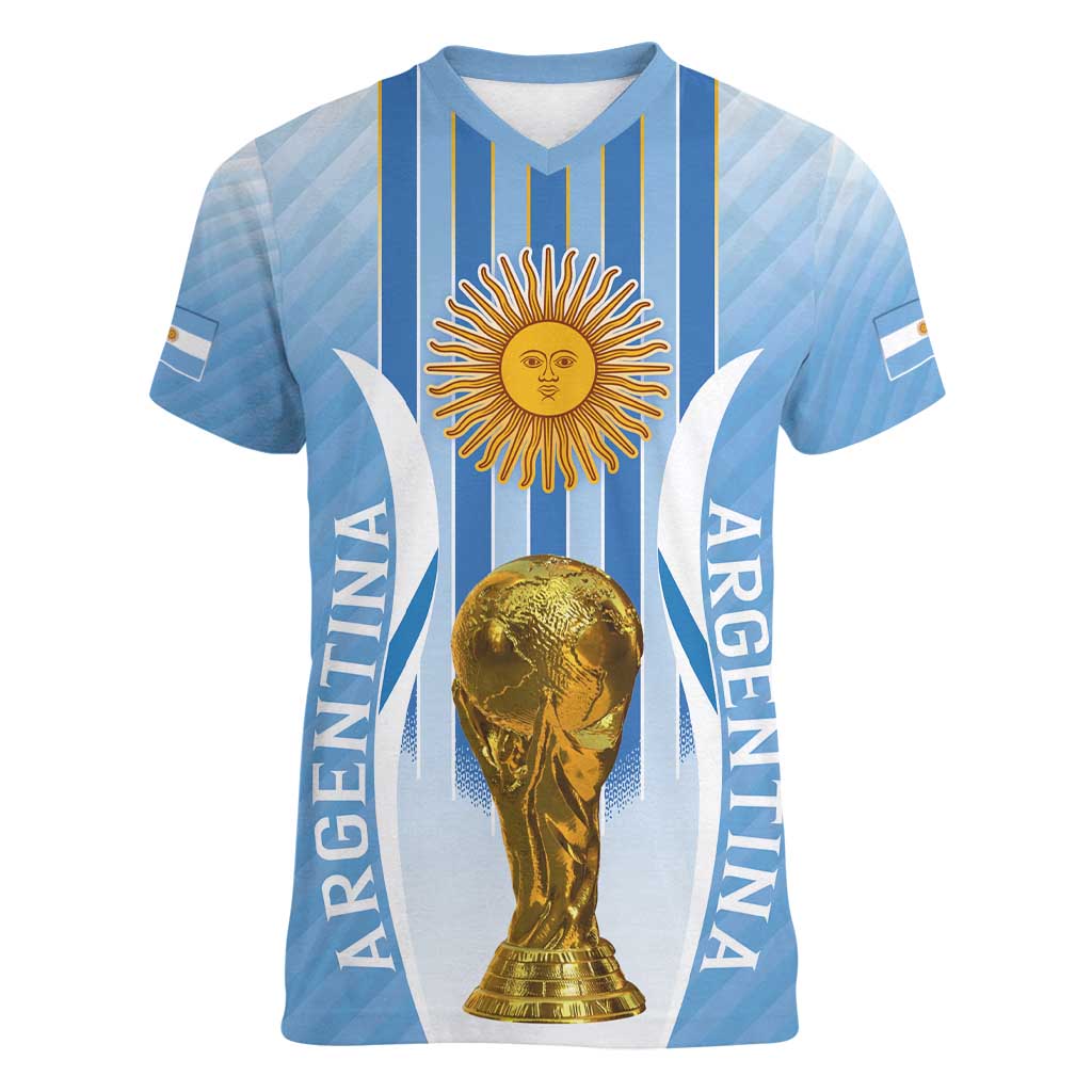 Custom Argentina Football Women V-Neck T-Shirt The Trophy Vamos La Albiceleste - Wonder Print Shop