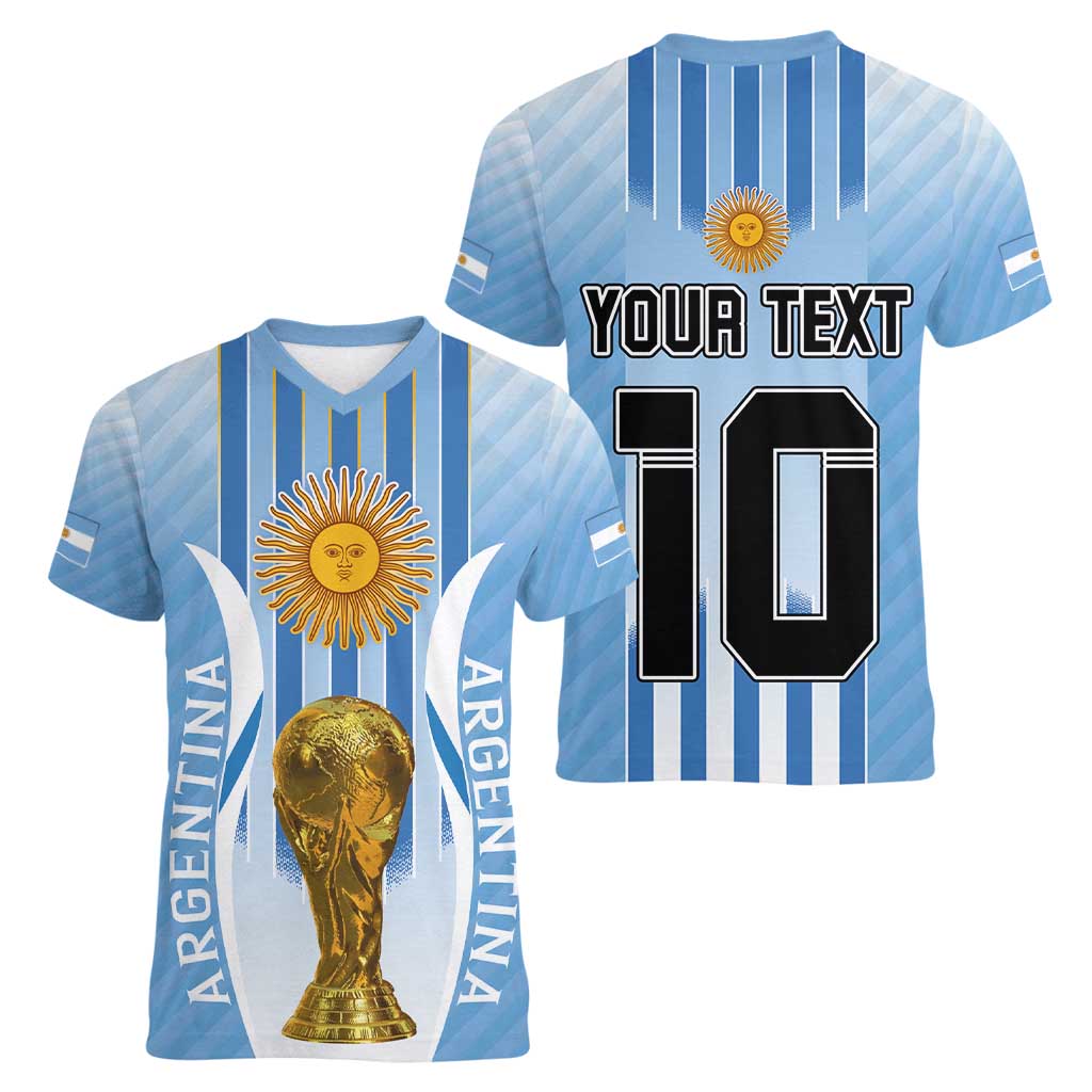 Custom Argentina Football Women V-Neck T-Shirt The Trophy Vamos La Albiceleste - Wonder Print Shop