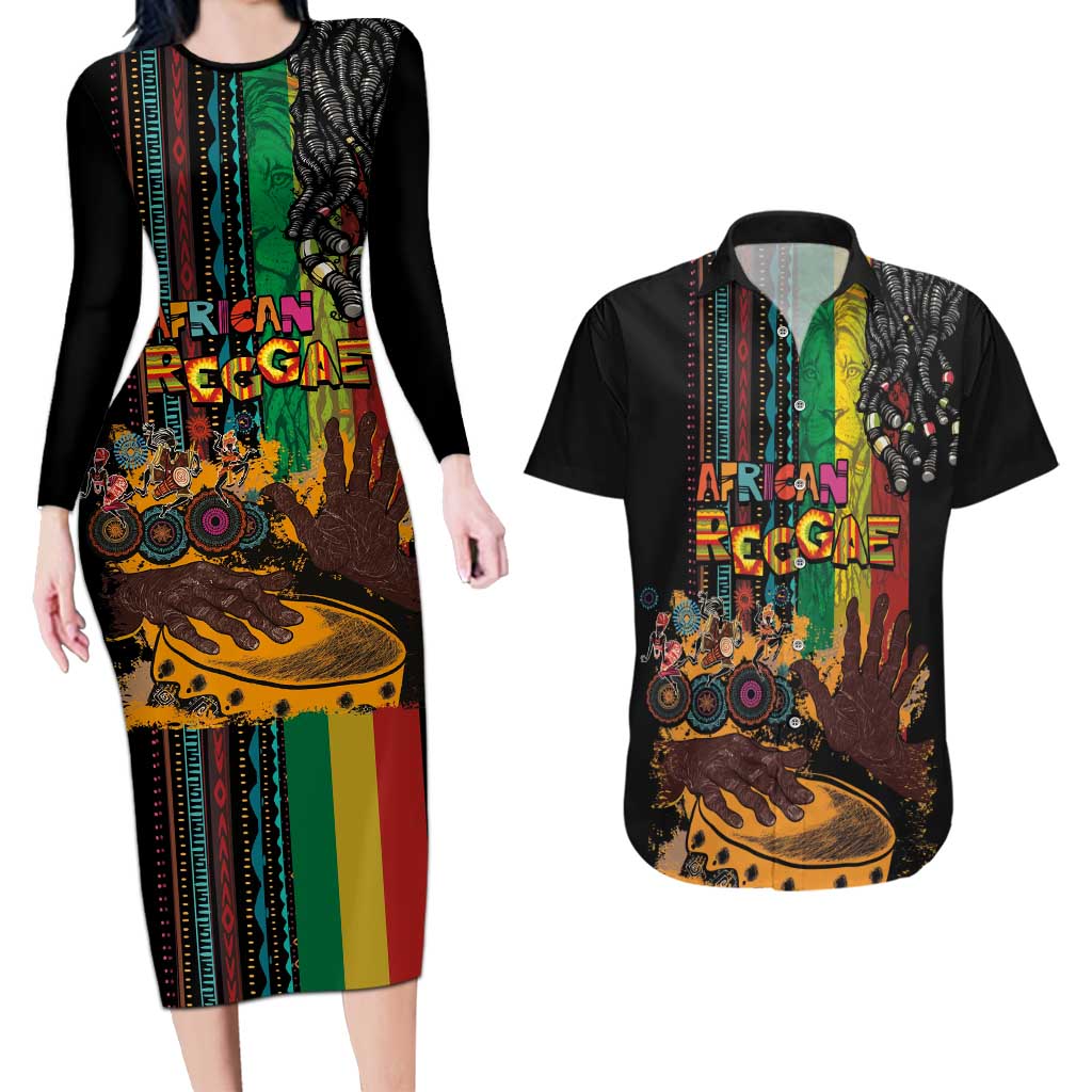 Afro-Caribbean Couples Matching Long Sleeve Bodycon Dress and Hawaiian Shirt African and Reggae Art Music - Wonder Print Shop