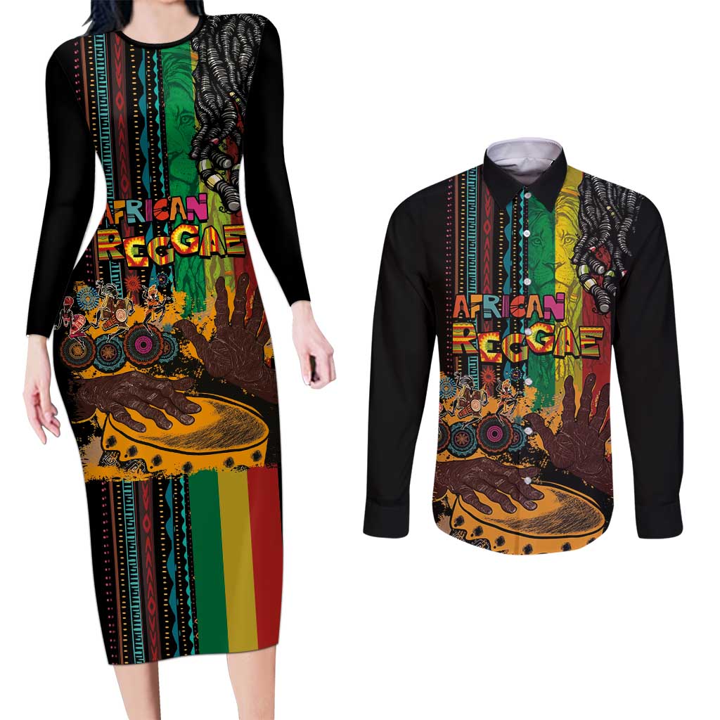 Afro-Caribbean Couples Matching Long Sleeve Bodycon Dress and Long Sleeve Button Shirt African and Reggae Art Music - Wonder Print Shop