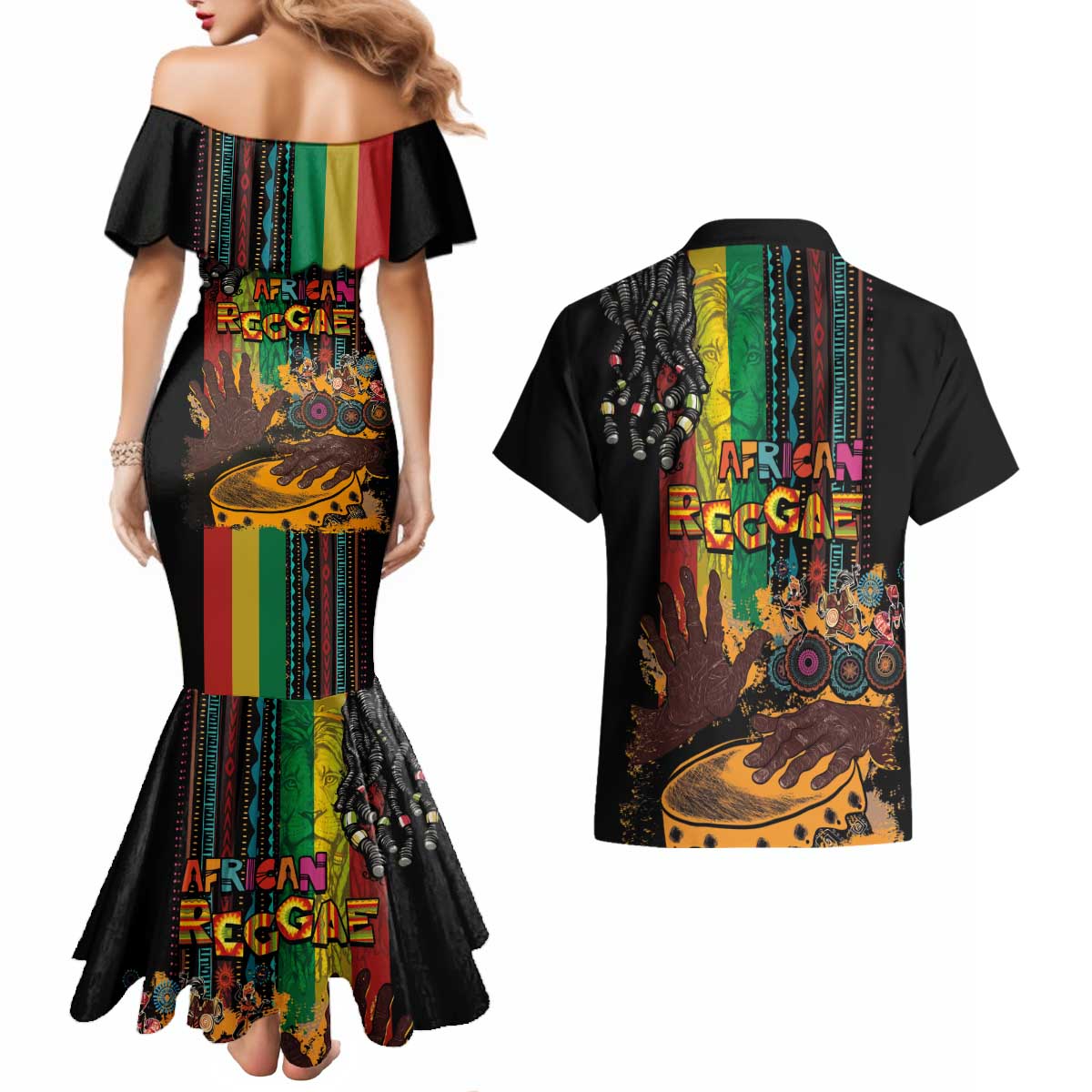 Afro-Caribbean Couples Matching Mermaid Dress and Hawaiian Shirt African and Reggae Art Music - Wonder Print Shop