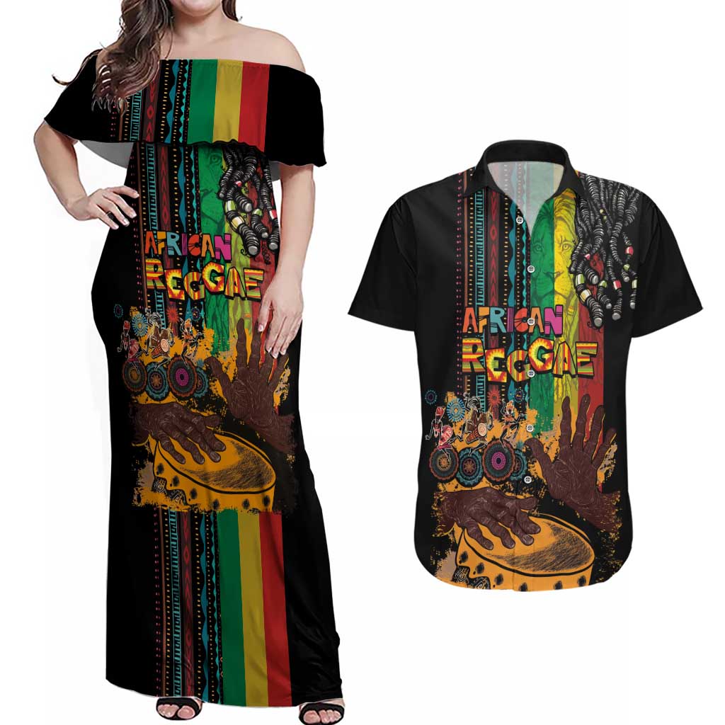 Afro-Caribbean Couples Matching Off Shoulder Maxi Dress and Hawaiian Shirt African and Reggae Art Music - Wonder Print Shop