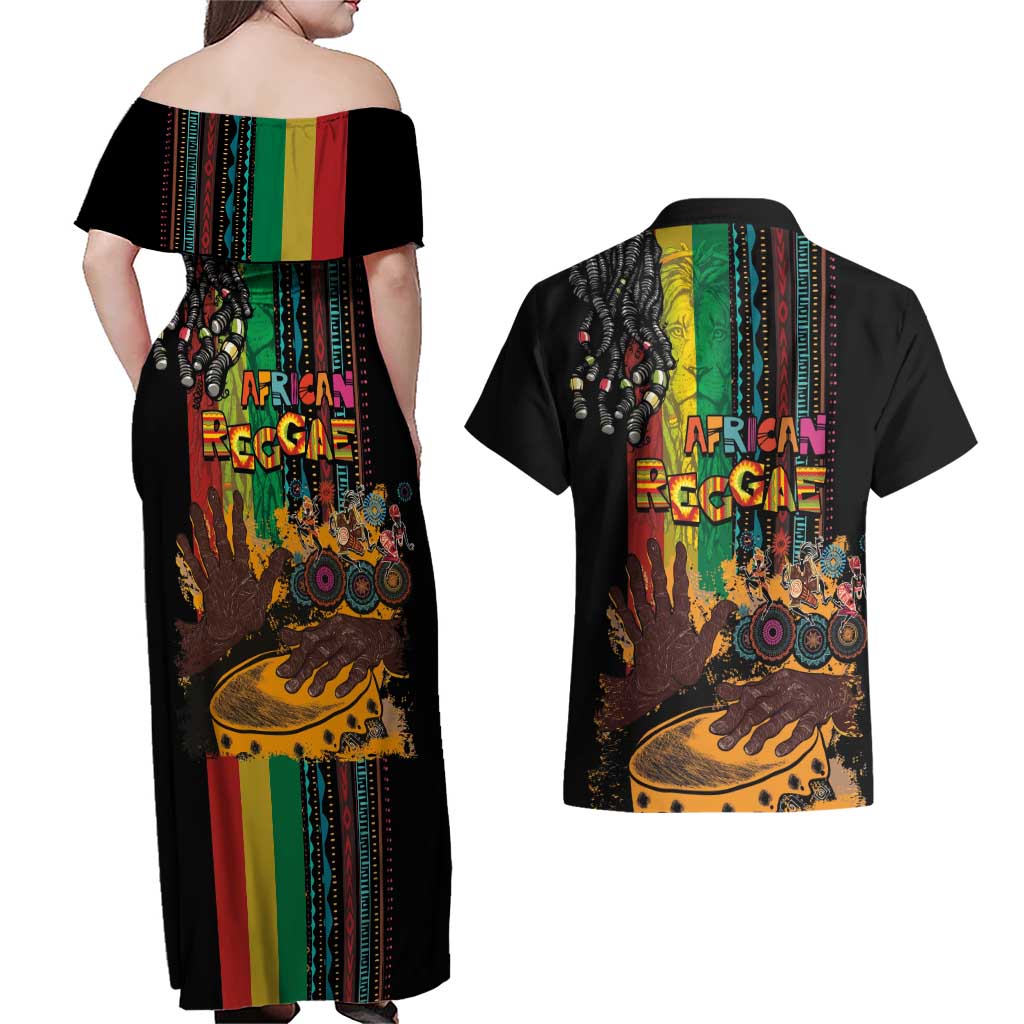 Afro-Caribbean Couples Matching Off Shoulder Maxi Dress and Hawaiian Shirt African and Reggae Art Music - Wonder Print Shop