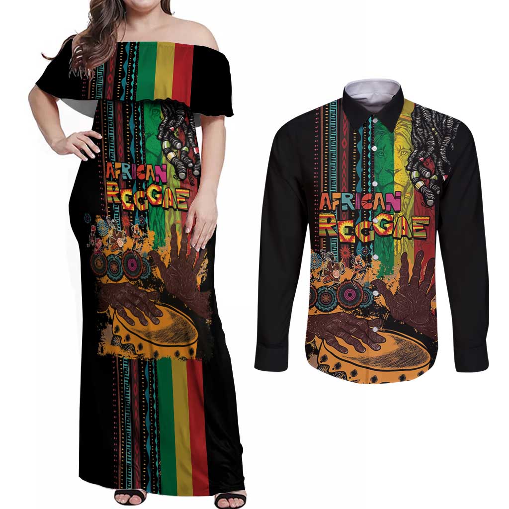 Afro-Caribbean Couples Matching Off Shoulder Maxi Dress and Long Sleeve Button Shirt African and Reggae Art Music - Wonder Print Shop