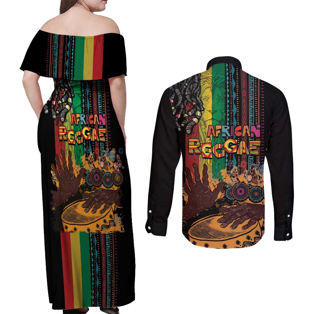 Afro-Caribbean Couples Matching Off Shoulder Maxi Dress and Long Sleeve Button Shirt African and Reggae Art Music - Wonder Print Shop