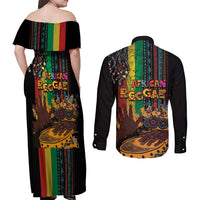 Afro-Caribbean Couples Matching Off Shoulder Maxi Dress and Long Sleeve Button Shirt African and Reggae Art Music - Wonder Print Shop