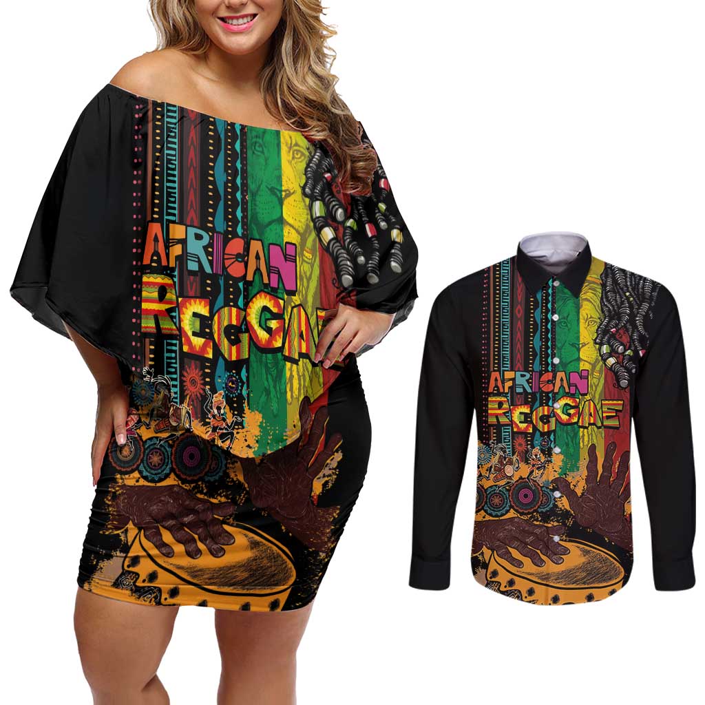 Afro-Caribbean Couples Matching Off Shoulder Short Dress and Long Sleeve Button Shirt African and Reggae Art Music - Wonder Print Shop