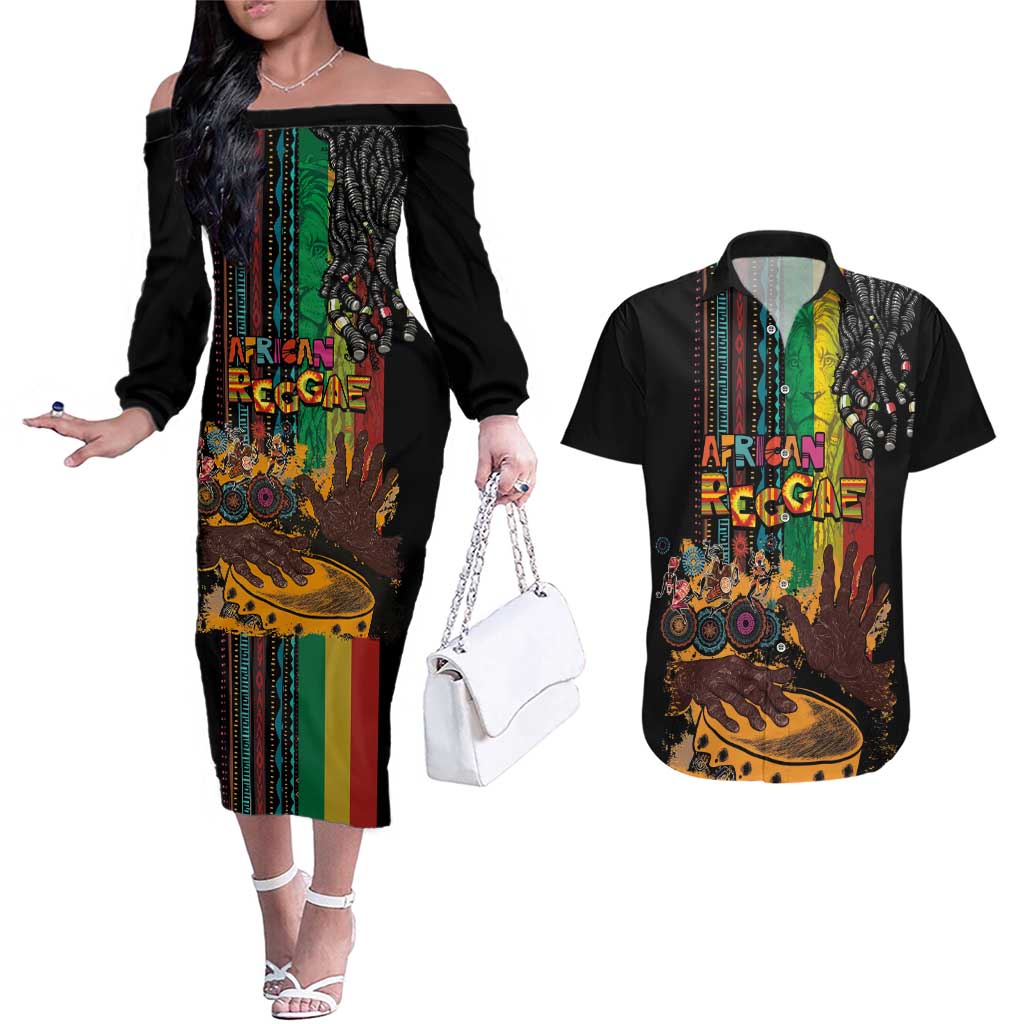 Afro-Caribbean Couples Matching Off The Shoulder Long Sleeve Dress and Hawaiian Shirt African and Reggae Art Music - Wonder Print Shop
