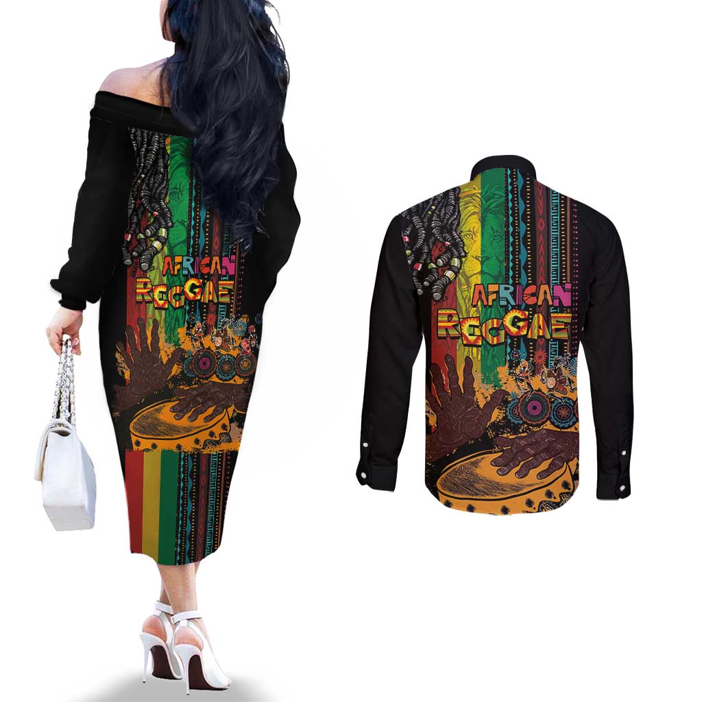 Afro-Caribbean Couples Matching Off The Shoulder Long Sleeve Dress and Long Sleeve Button Shirt African and Reggae Art Music - Wonder Print Shop