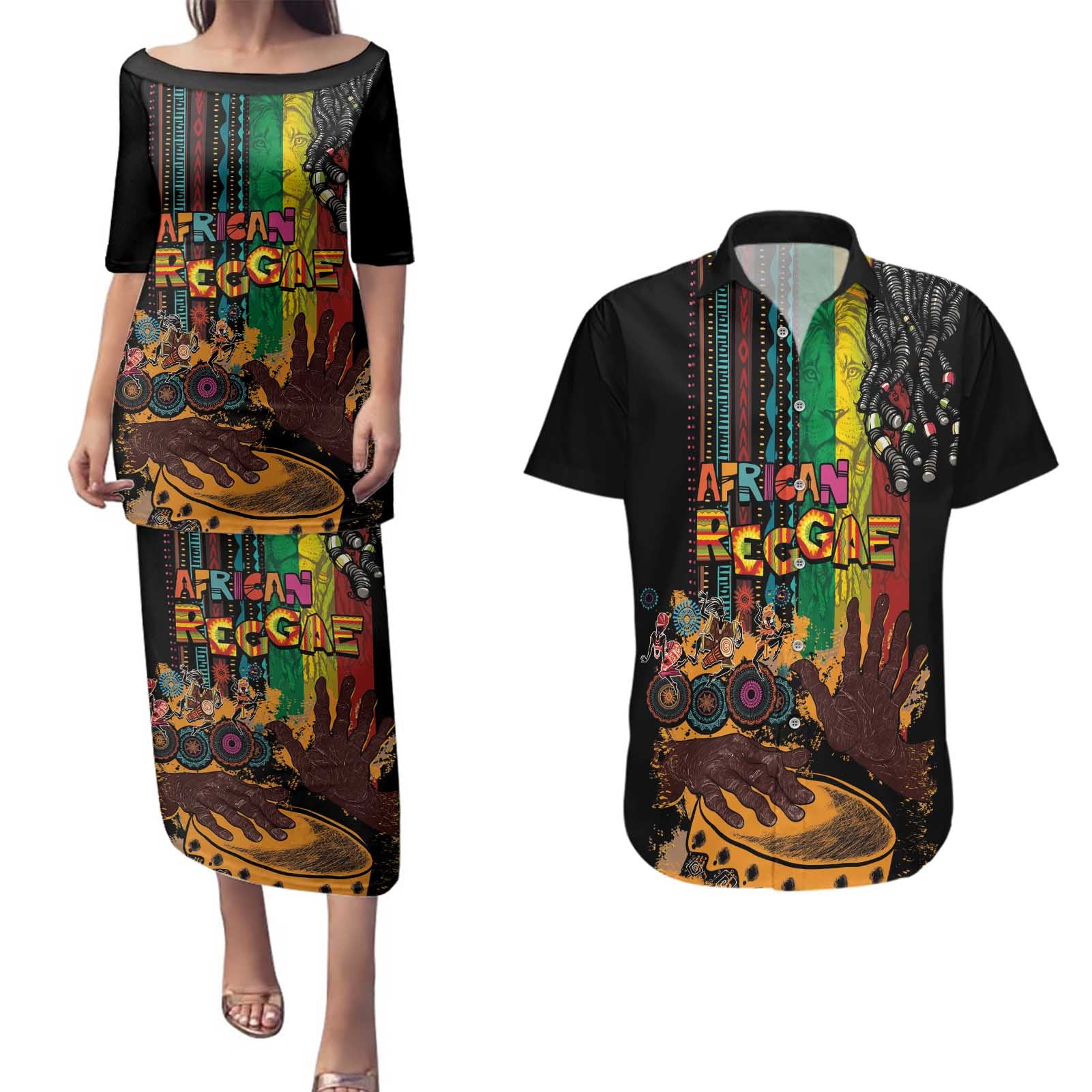 Afro-Caribbean Couples Matching Puletasi and Hawaiian Shirt African and Reggae Art Music - Wonder Print Shop