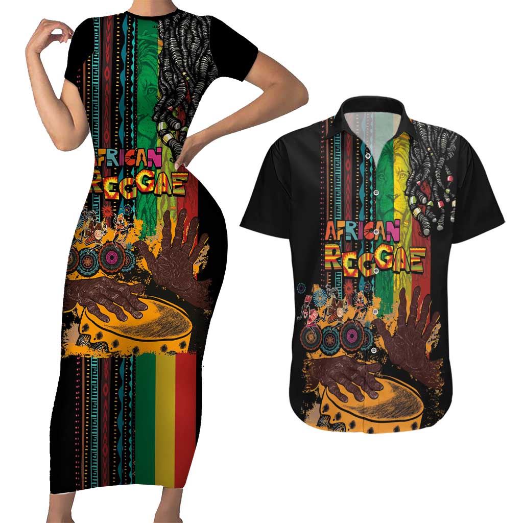 Afro-Caribbean Couples Matching Short Sleeve Bodycon Dress and Hawaiian Shirt African and Reggae Art Music - Wonder Print Shop