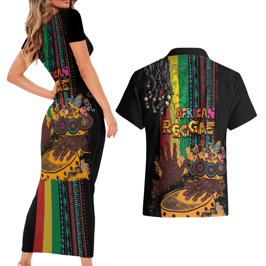 Afro-Caribbean Couples Matching Short Sleeve Bodycon Dress and Hawaiian Shirt African and Reggae Art Music - Wonder Print Shop