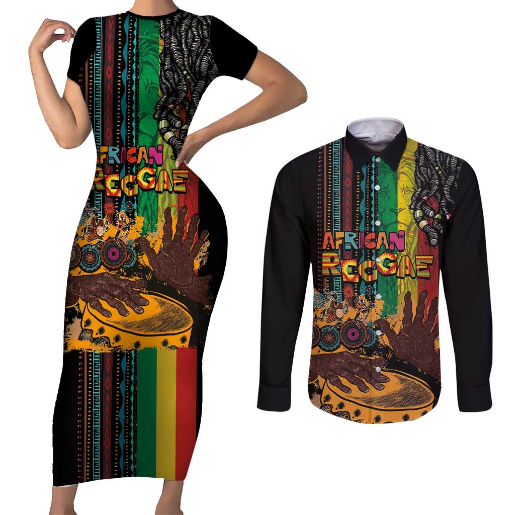 Afro-Caribbean Couples Matching Short Sleeve Bodycon Dress and Long Sleeve Button Shirt African and Reggae Art Music - Wonder Print Shop