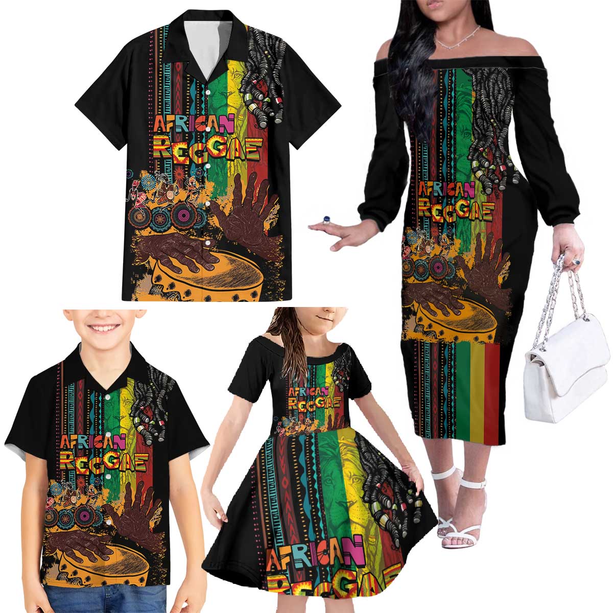 Afro-Caribbean Family Matching Off The Shoulder Long Sleeve Dress and Hawaiian Shirt African and Reggae Art Music - Wonder Print Shop