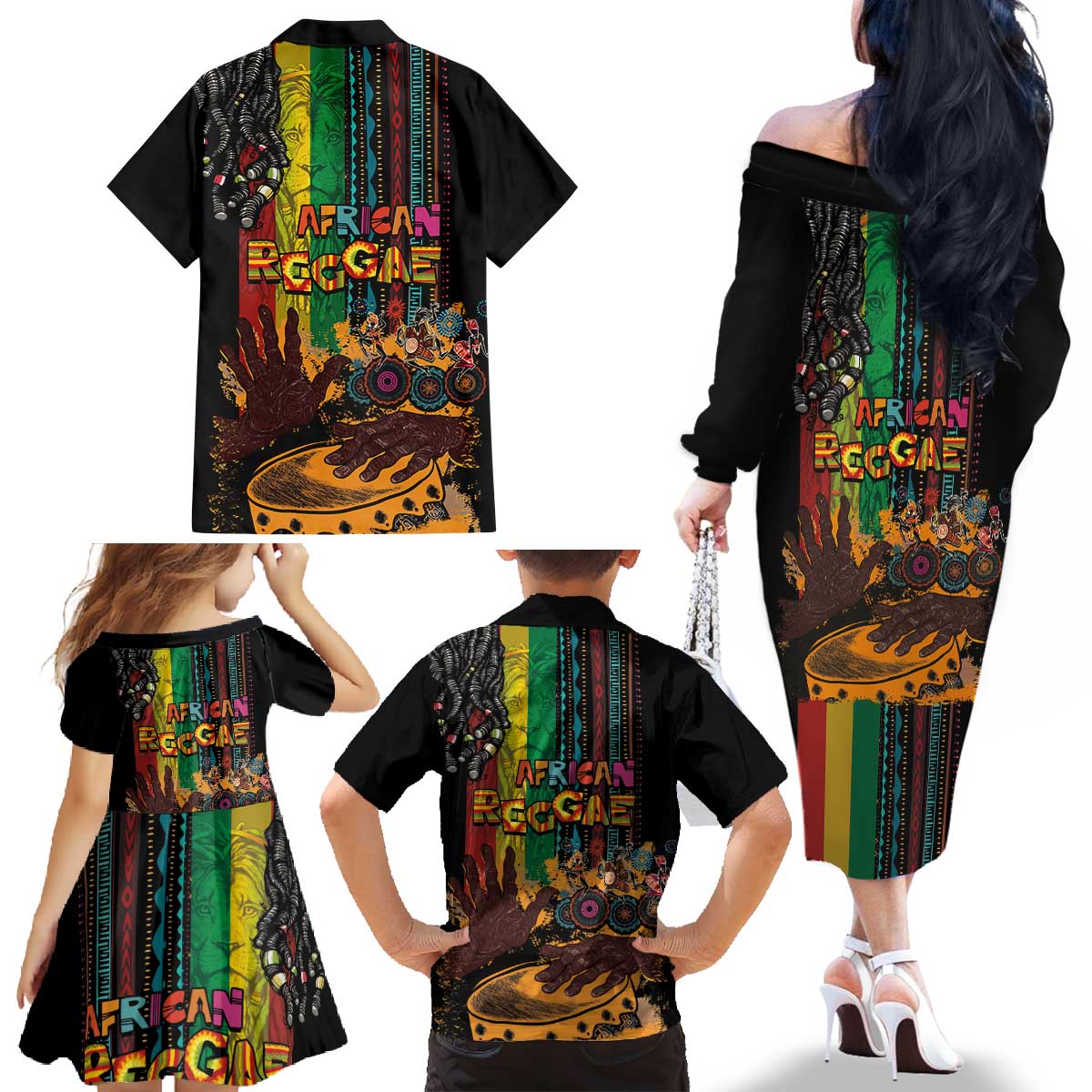 Afro-Caribbean Family Matching Off The Shoulder Long Sleeve Dress and Hawaiian Shirt African and Reggae Art Music - Wonder Print Shop