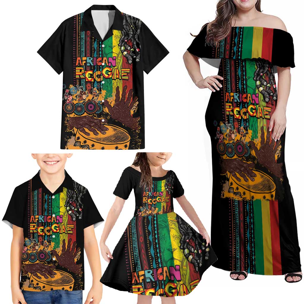 Afro-Caribbean Family Matching Off Shoulder Maxi Dress and Hawaiian Shirt African and Reggae Art Music - Wonder Print Shop