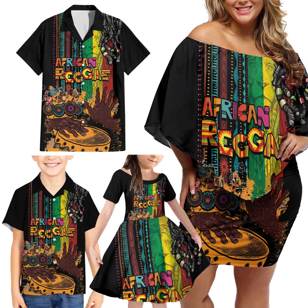 Afro-Caribbean Family Matching Off Shoulder Short Dress and Hawaiian Shirt African and Reggae Art Music - Wonder Print Shop