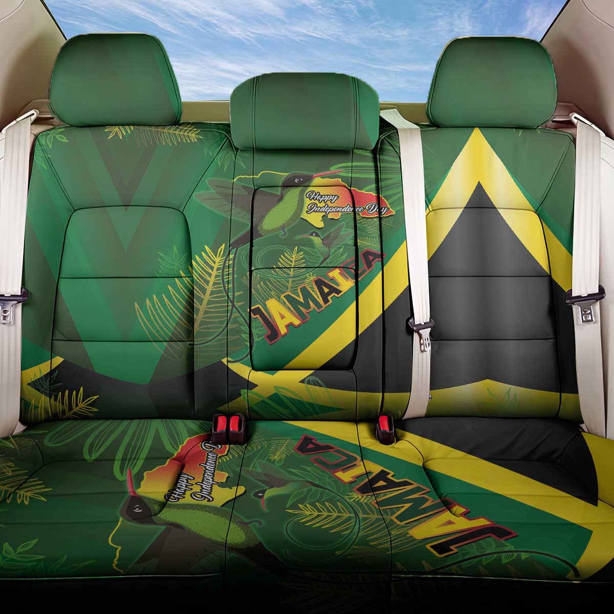 Jamaica Independence Day Back Car Seat Cover Swallow-tail Hummingbird Tropical Plants and National Flag - Wonder Print Shop