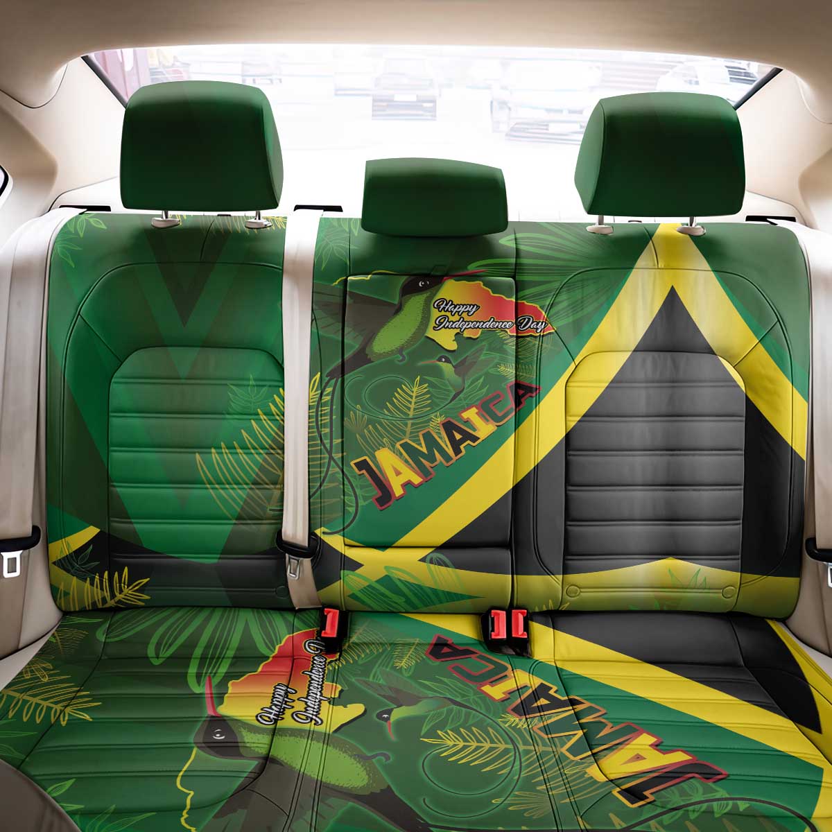 Jamaica Independence Day Back Car Seat Cover Swallow-tail Hummingbird Tropical Plants and National Flag - Wonder Print Shop