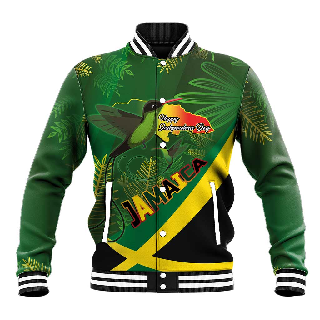 Jamaica Independence Day Baseball Jacket Swallow-tail Hummingbird Tropical Plants and National Flag - Wonder Print Shop