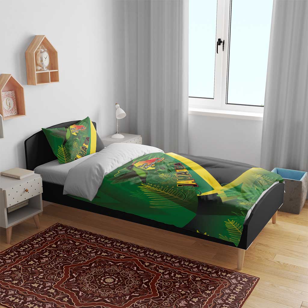Jamaica Independence Day Bedding Set Swallow-tail Hummingbird Tropical Plants and National Flag - Wonder Print Shop