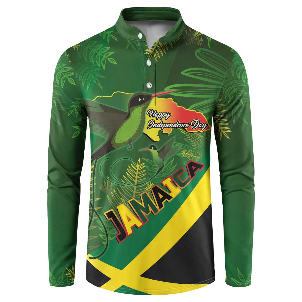 Jamaica Independence Day Button Sweatshirt Swallow-tail Hummingbird Tropical Plants and National Flag - Wonder Print Shop
