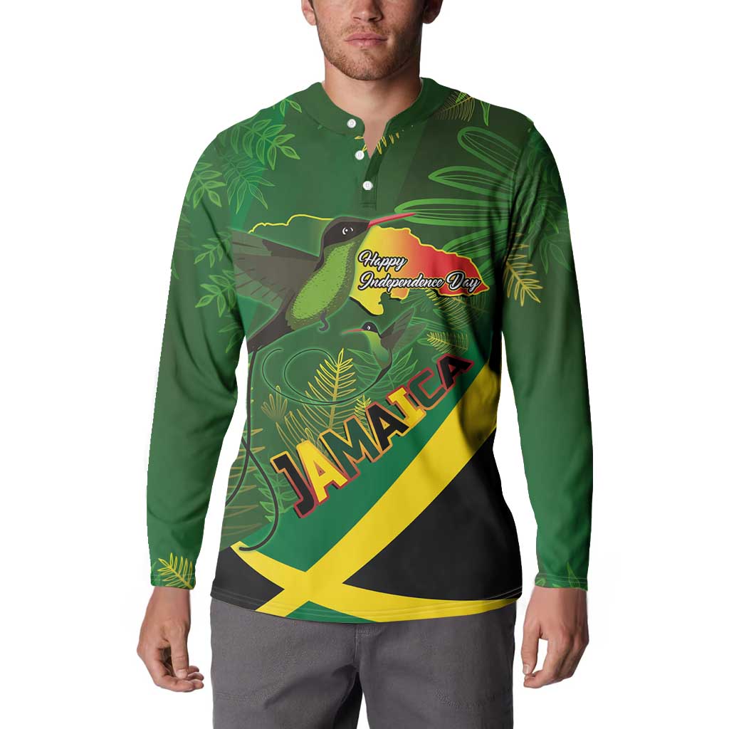 Jamaica Independence Day Button Sweatshirt Swallow-tail Hummingbird Tropical Plants and National Flag - Wonder Print Shop