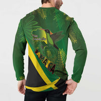 Jamaica Independence Day Button Sweatshirt Swallow-tail Hummingbird Tropical Plants and National Flag - Wonder Print Shop