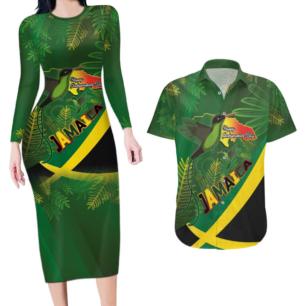 Jamaica Independence Day Couples Matching Long Sleeve Bodycon Dress and Hawaiian Shirt Swallow-tail Hummingbird Tropical Plants and National Flag - Wonder Print Shop