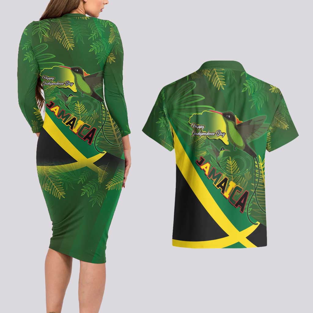 Jamaica Independence Day Couples Matching Long Sleeve Bodycon Dress and Hawaiian Shirt Swallow-tail Hummingbird Tropical Plants and National Flag - Wonder Print Shop