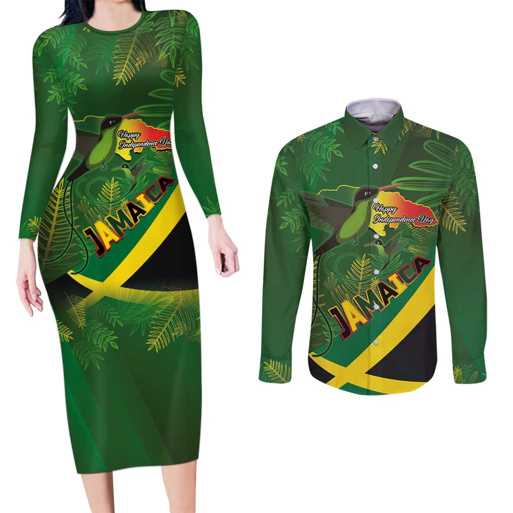 Jamaica Independence Day Couples Matching Long Sleeve Bodycon Dress and Long Sleeve Button Shirt Swallow-tail Hummingbird Tropical Plants and National Flag - Wonder Print Shop