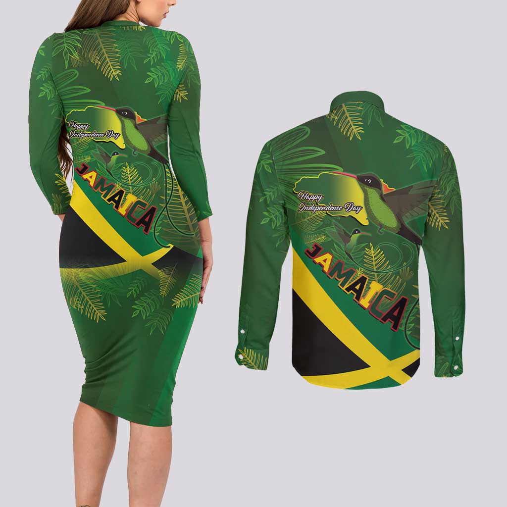 Jamaica Independence Day Couples Matching Long Sleeve Bodycon Dress and Long Sleeve Button Shirt Swallow-tail Hummingbird Tropical Plants and National Flag - Wonder Print Shop