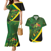 Jamaica Independence Day Couples Matching Mermaid Dress and Hawaiian Shirt Swallow-tail Hummingbird Tropical Plants and National Flag - Wonder Print Shop