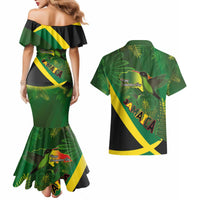 Jamaica Independence Day Couples Matching Mermaid Dress and Hawaiian Shirt Swallow-tail Hummingbird Tropical Plants and National Flag - Wonder Print Shop