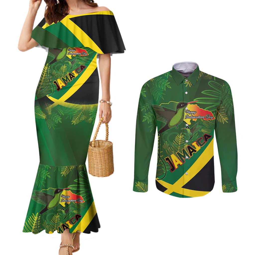 Jamaica Independence Day Couples Matching Mermaid Dress and Long Sleeve Button Shirt Swallow-tail Hummingbird Tropical Plants and National Flag - Wonder Print Shop