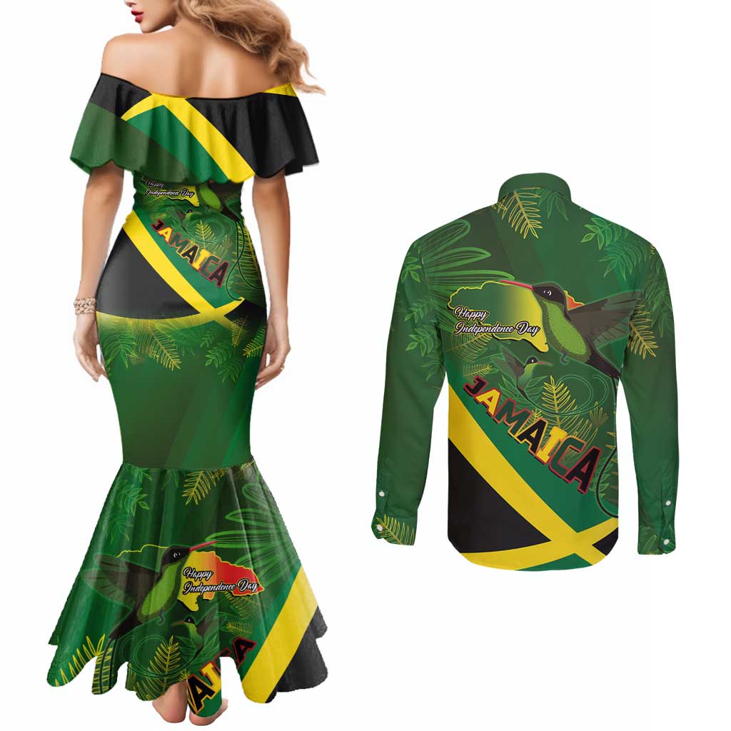 Jamaica Independence Day Couples Matching Mermaid Dress and Long Sleeve Button Shirt Swallow-tail Hummingbird Tropical Plants and National Flag - Wonder Print Shop