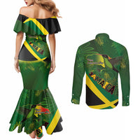 Jamaica Independence Day Couples Matching Mermaid Dress and Long Sleeve Button Shirt Swallow-tail Hummingbird Tropical Plants and National Flag - Wonder Print Shop