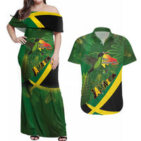 Jamaica Independence Day Couples Matching Off Shoulder Maxi Dress and Hawaiian Shirt Swallow-tail Hummingbird Tropical Plants and National Flag - Wonder Print Shop