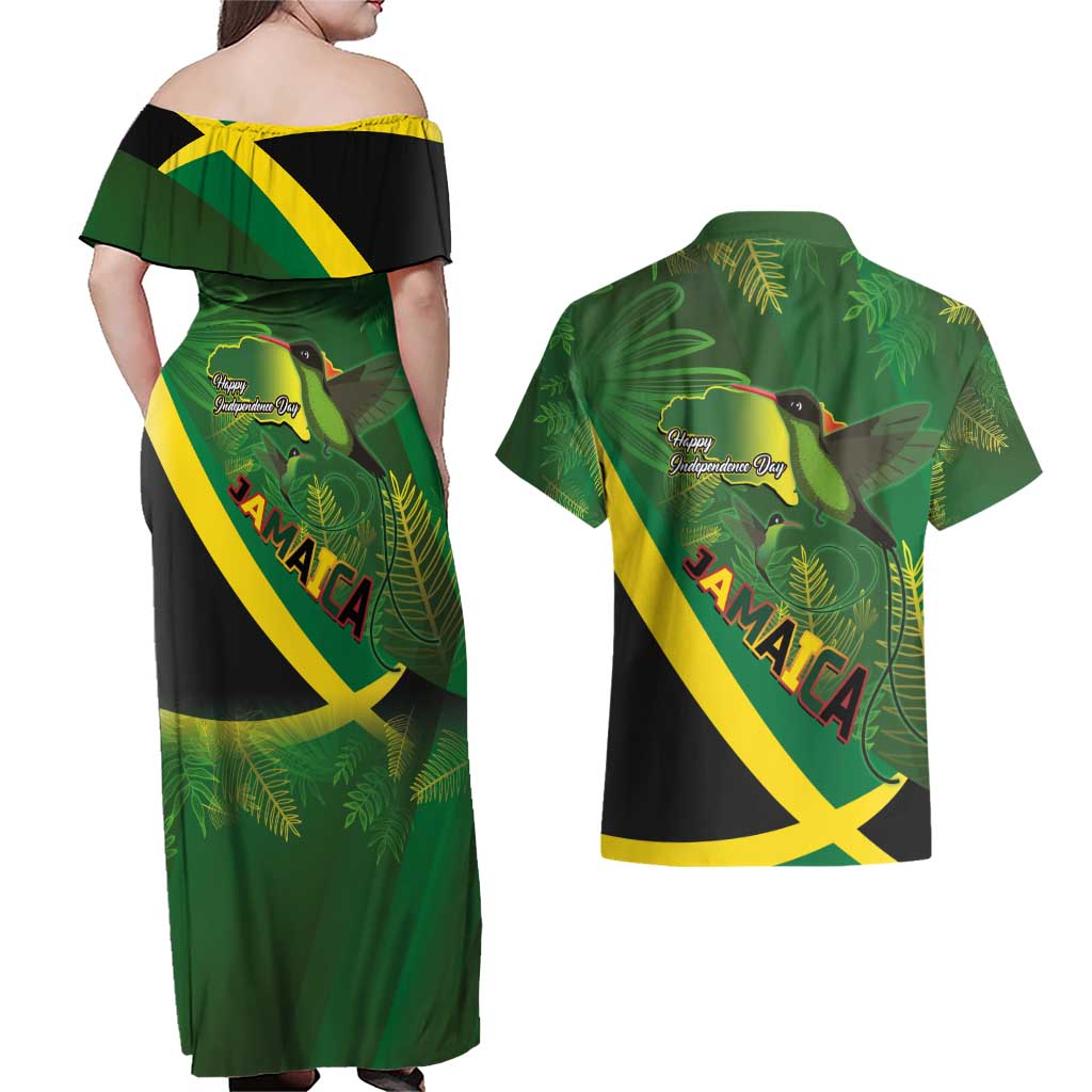 Jamaica Independence Day Couples Matching Off Shoulder Maxi Dress and Hawaiian Shirt Swallow-tail Hummingbird Tropical Plants and National Flag - Wonder Print Shop