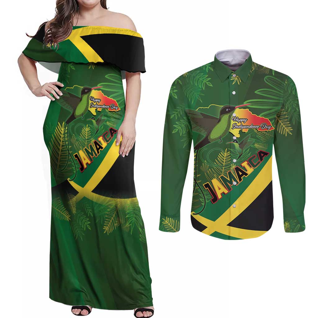Jamaica Independence Day Couples Matching Off Shoulder Maxi Dress and Long Sleeve Button Shirt Swallow-tail Hummingbird Tropical Plants and National Flag - Wonder Print Shop