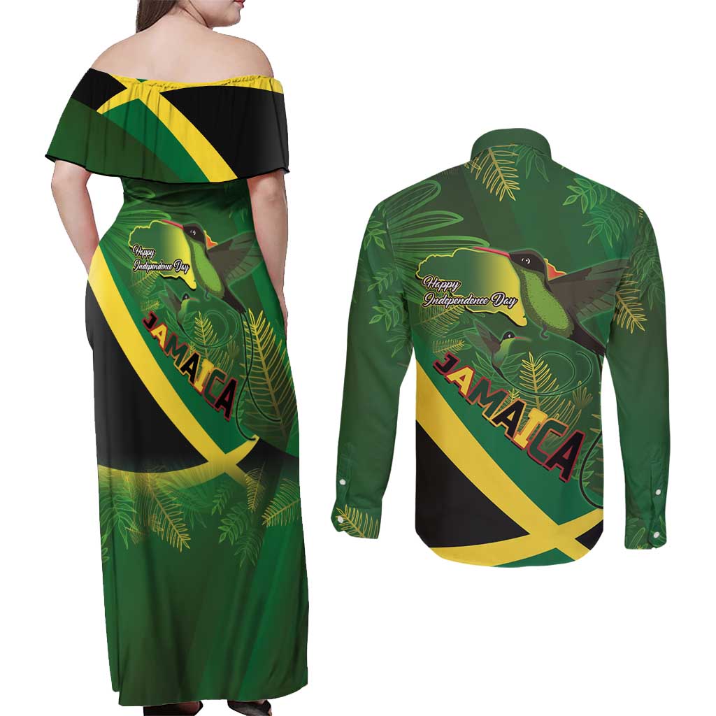 Jamaica Independence Day Couples Matching Off Shoulder Maxi Dress and Long Sleeve Button Shirt Swallow-tail Hummingbird Tropical Plants and National Flag - Wonder Print Shop