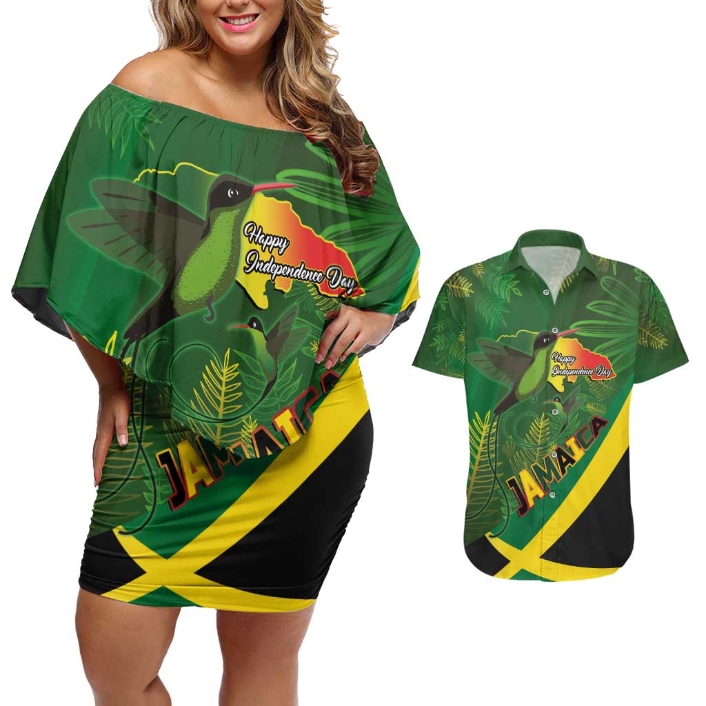 Jamaica Independence Day Couples Matching Off Shoulder Short Dress and Hawaiian Shirt Swallow-tail Hummingbird Tropical Plants and National Flag - Wonder Print Shop