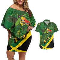 Jamaica Independence Day Couples Matching Off Shoulder Short Dress and Hawaiian Shirt Swallow-tail Hummingbird Tropical Plants and National Flag - Wonder Print Shop