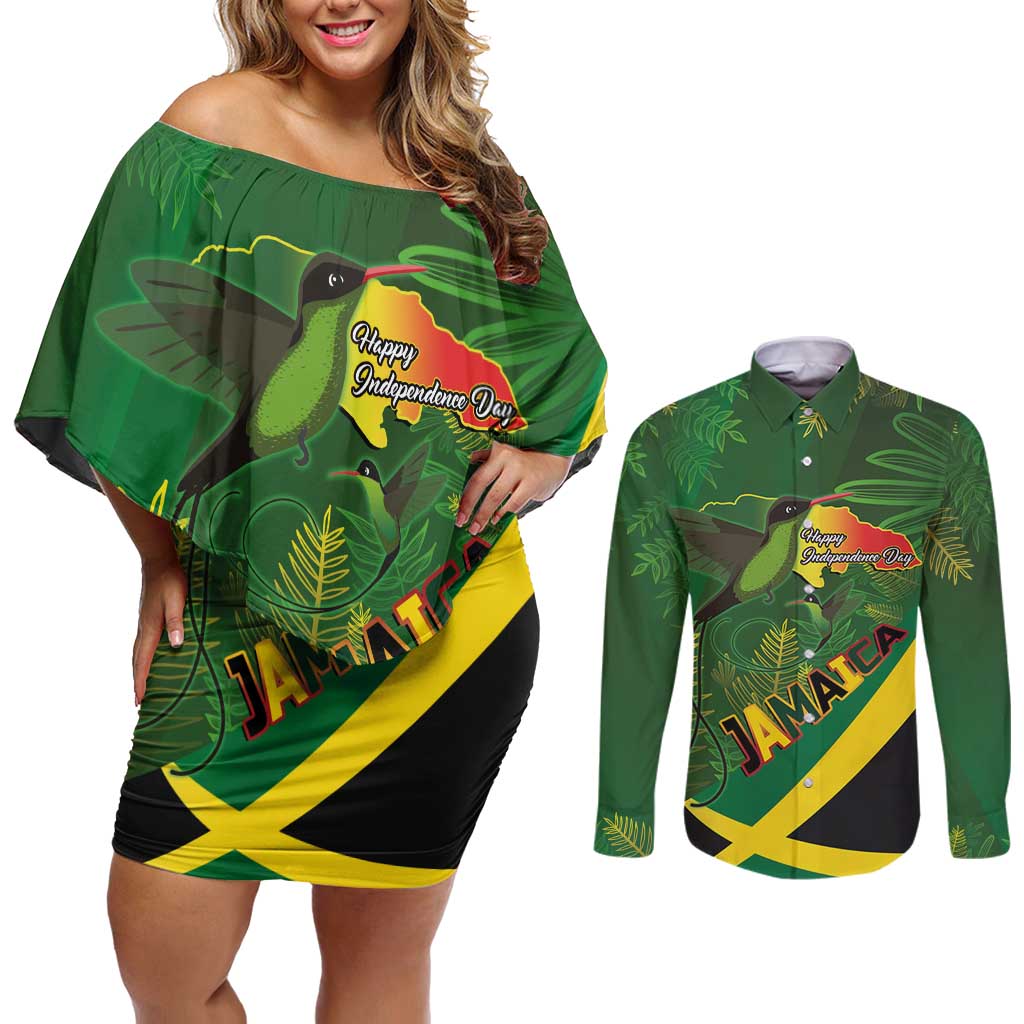 Jamaica Independence Day Couples Matching Off Shoulder Short Dress and Long Sleeve Button Shirt Swallow-tail Hummingbird Tropical Plants and National Flag - Wonder Print Shop